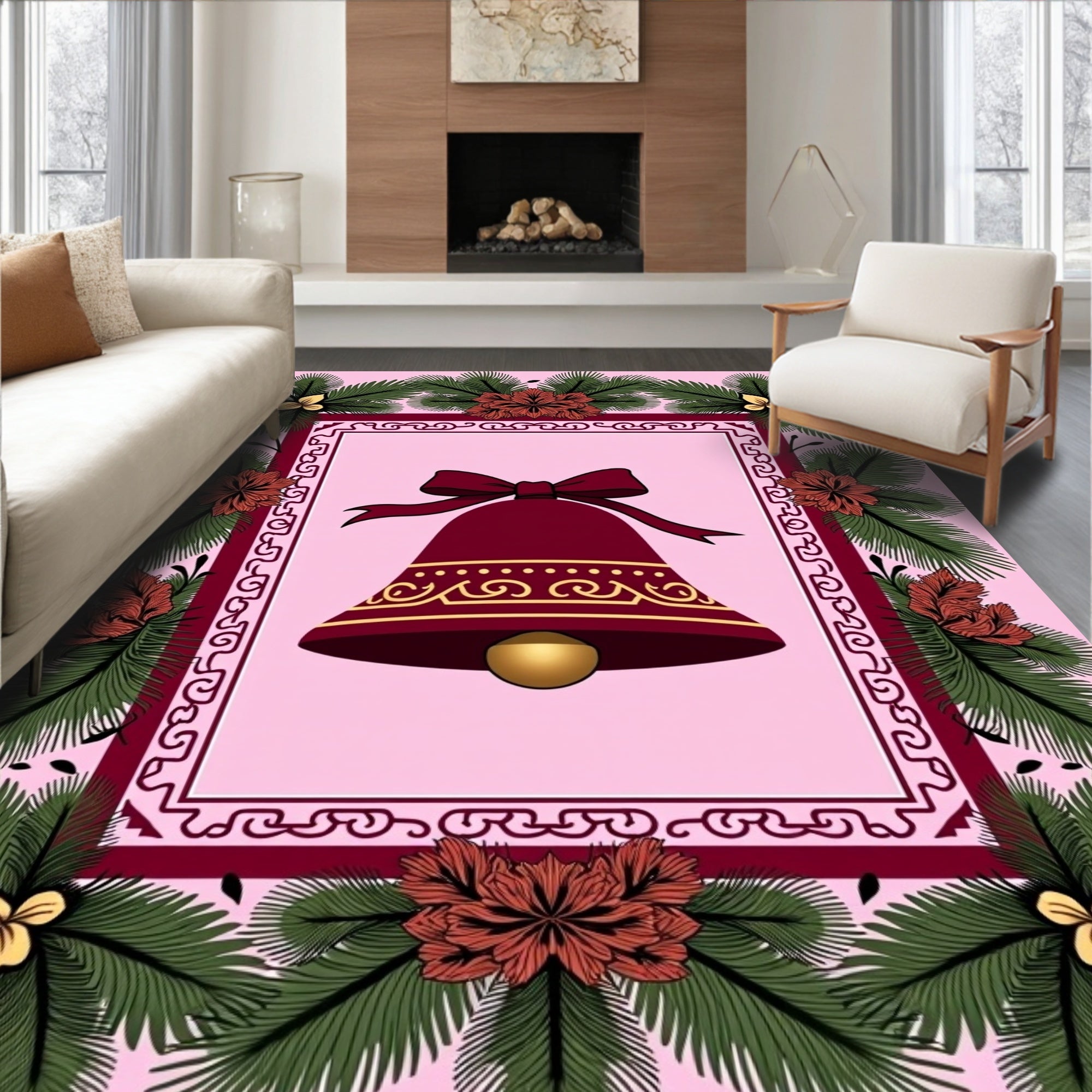 Crimson Bell With Festive Evergreen Wreath Rug