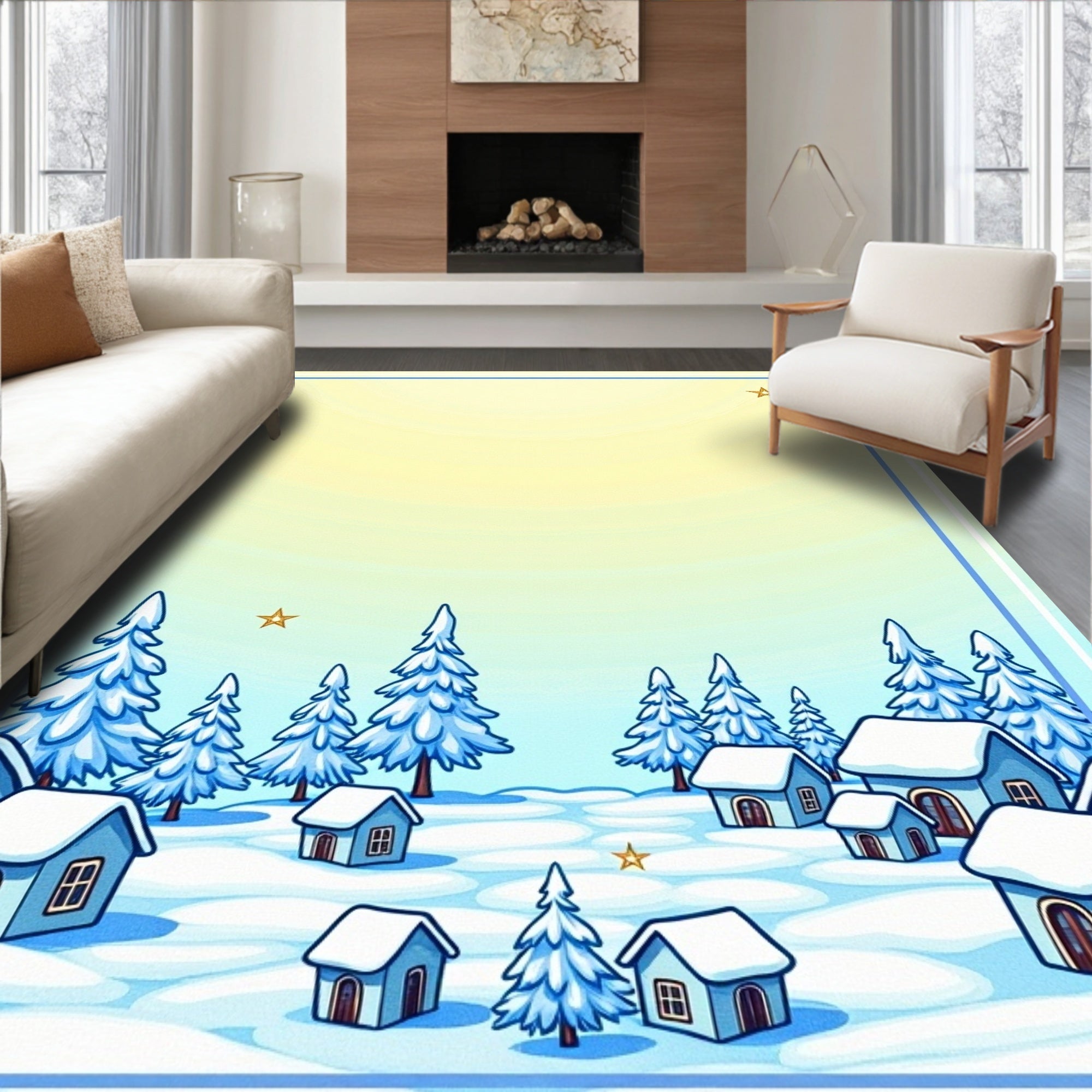 Winter Village Snowscape Ice Blue Rug