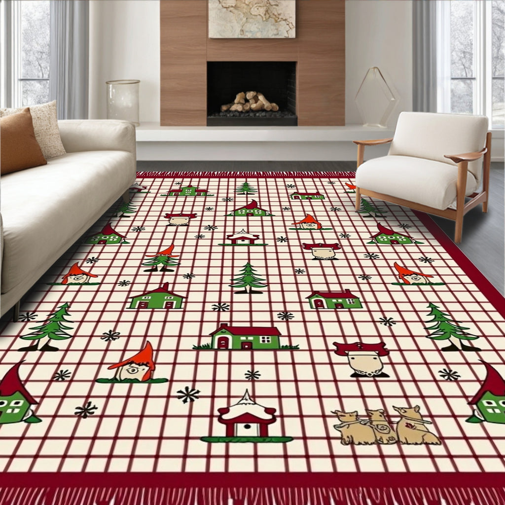 Charming Gnome Village Red Grid Rug