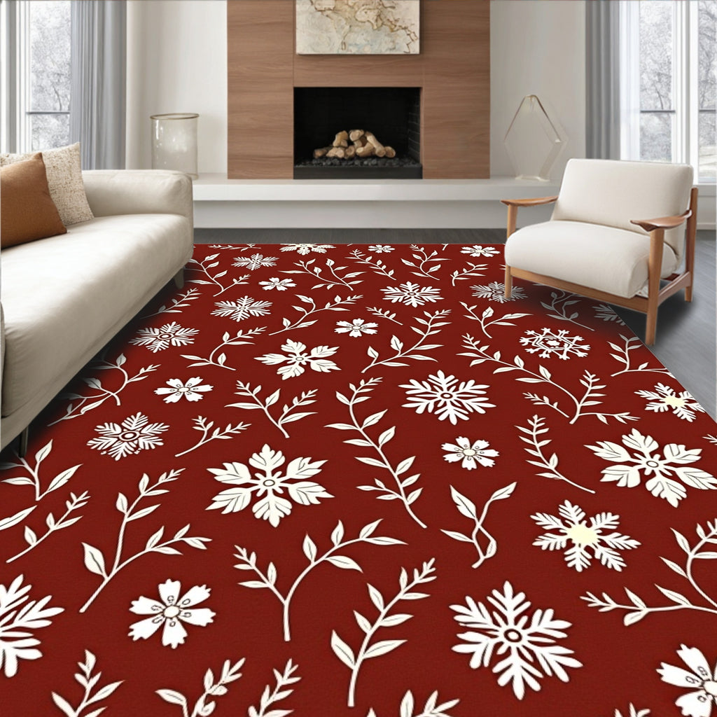 Crimson White Snowflake Botanical Rug