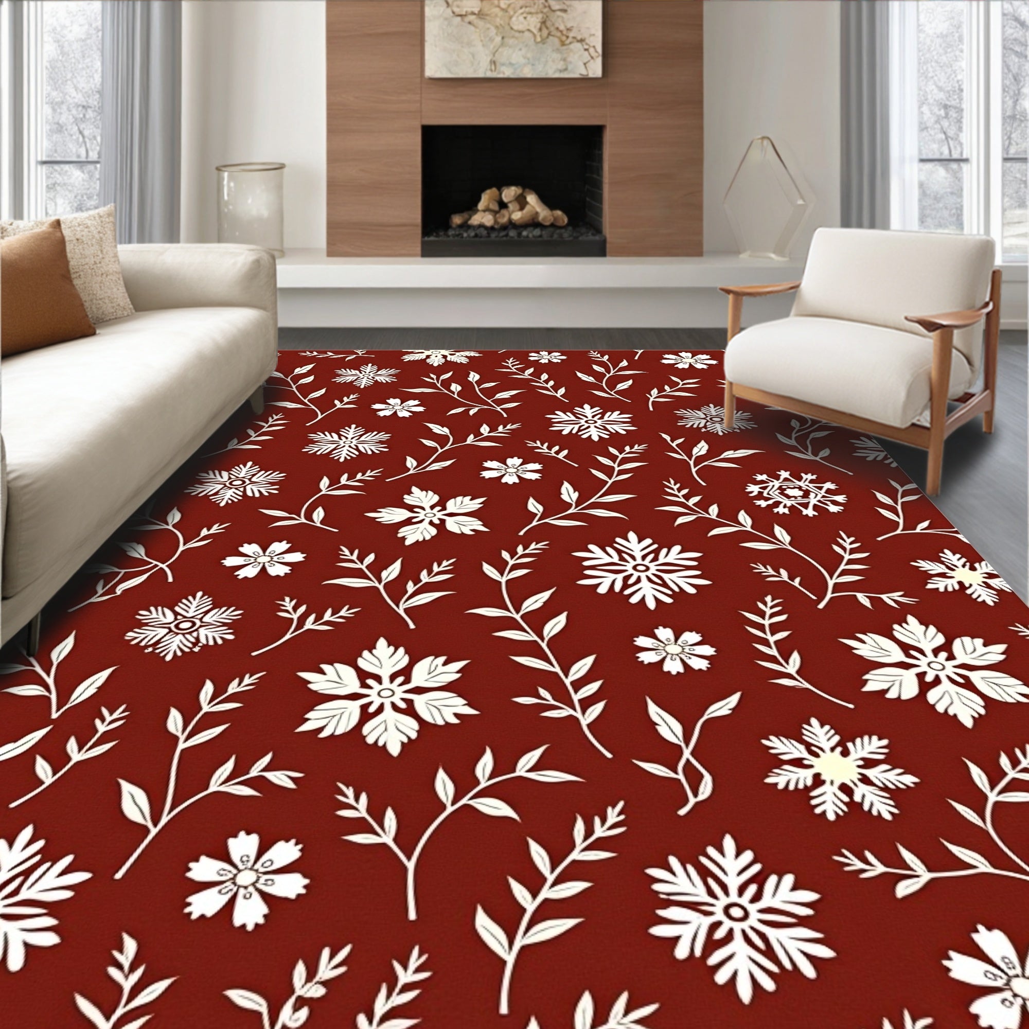 Crimson White Snowflake Botanical Rug