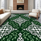 Dark Green White Floral Damask Rug