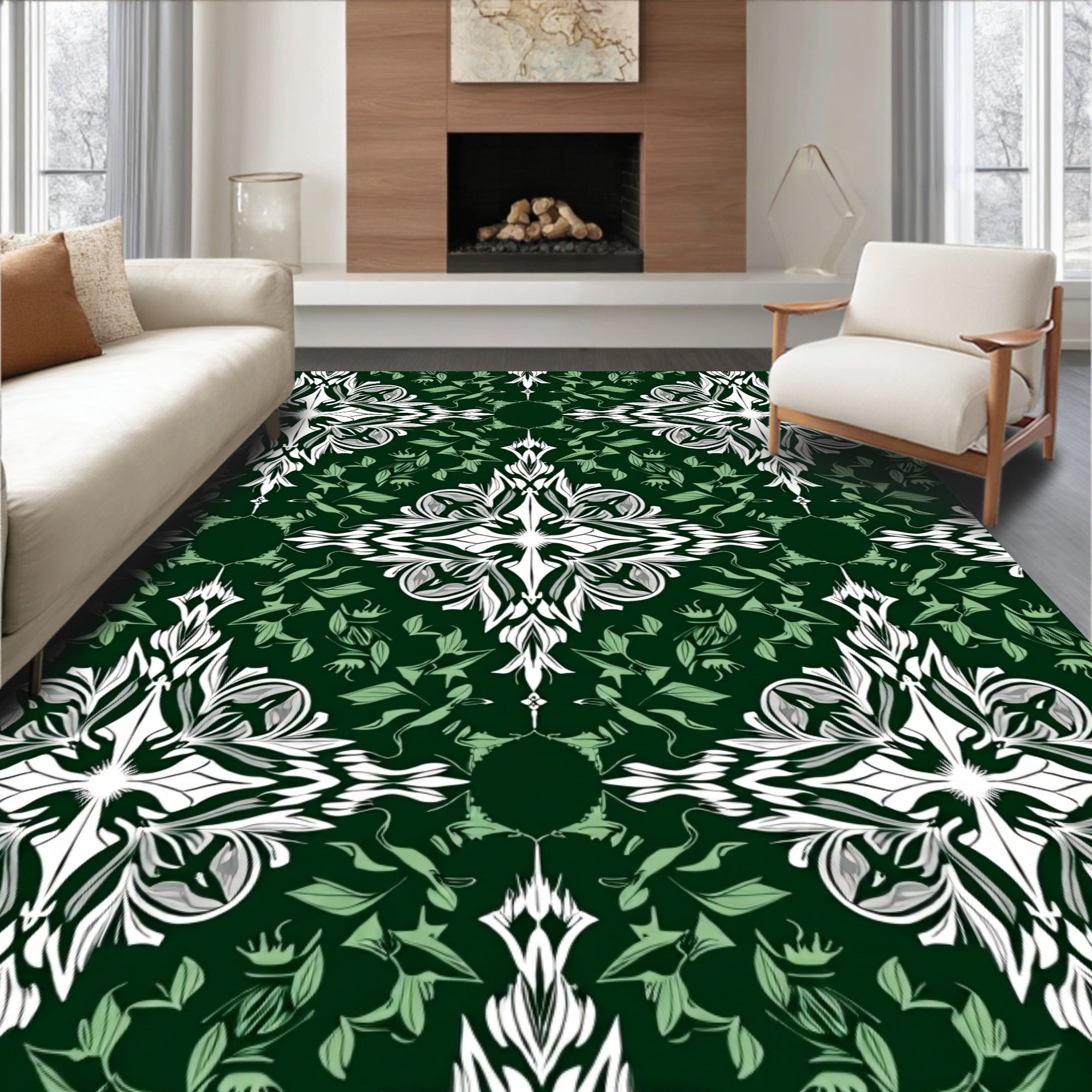 Dark Green White Floral Damask Rug