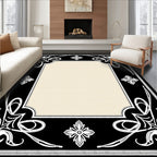 Black White Floral Scroll Border Rug