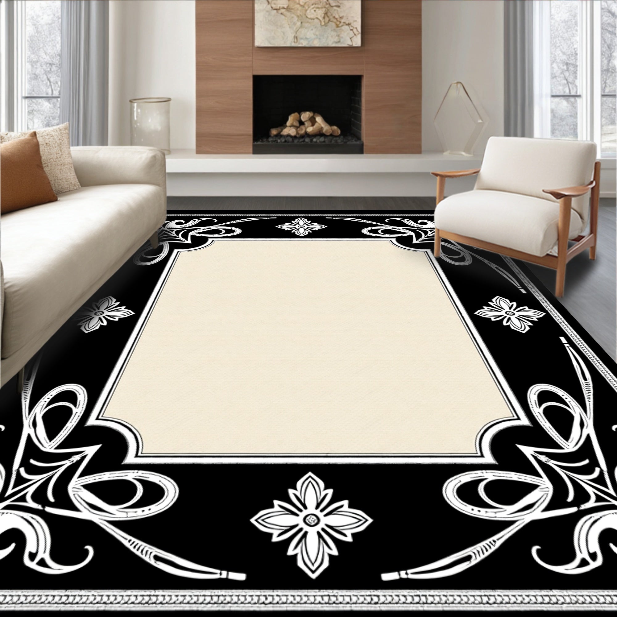 Black White Floral Scroll Border Rug