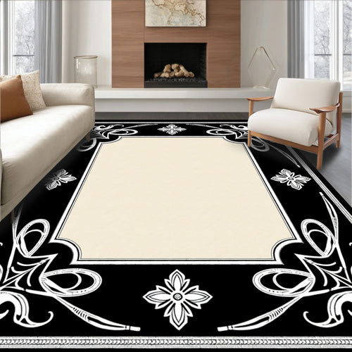 Black White Floral Scroll Border Rug