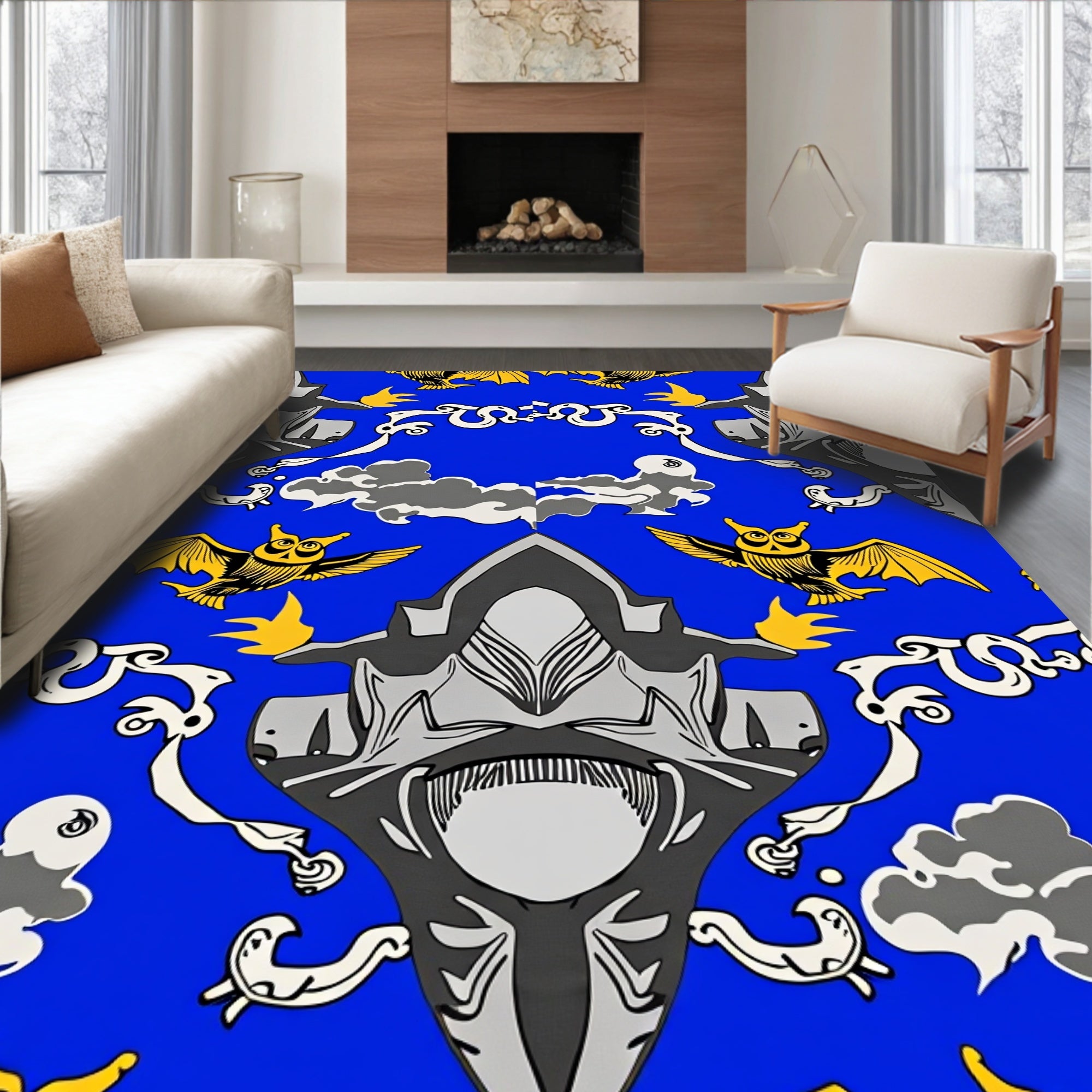 Whimsical Yellow Owl Blue Sky Rug