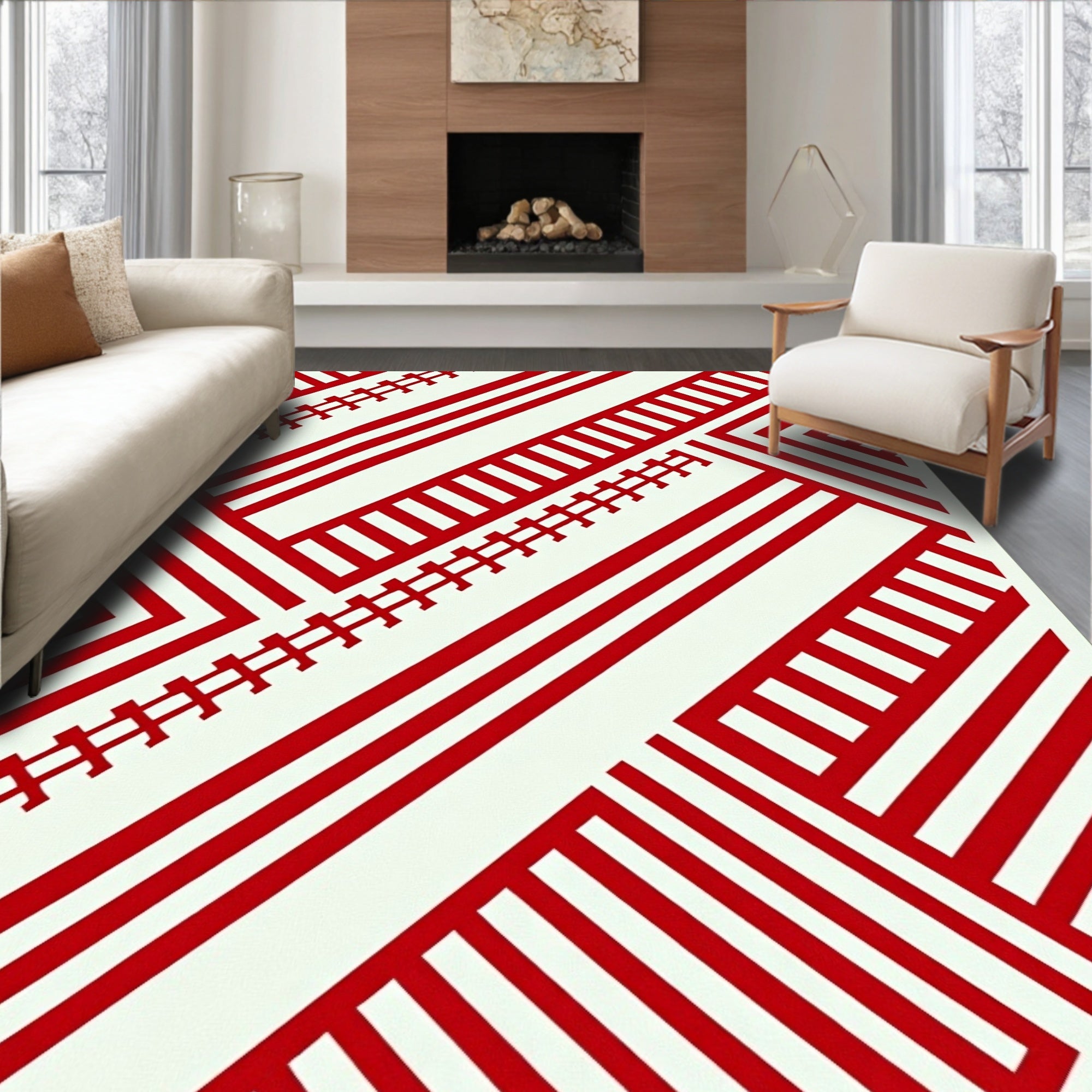 Red White Geometric Lattice Stripes Rug