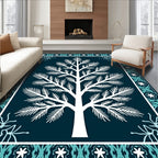 White Evergreen Tree Teal Border Rug