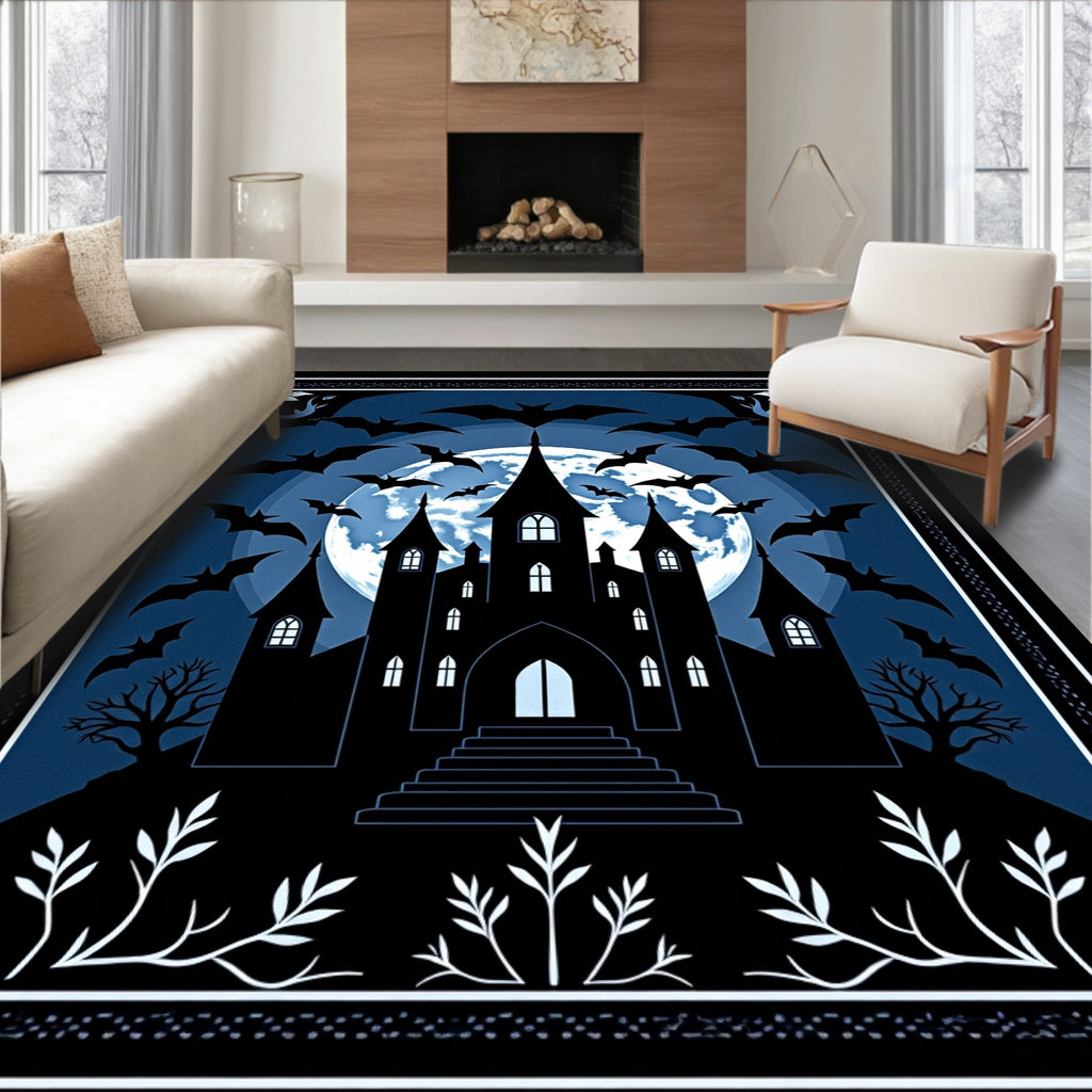 Midnight Haunted Castle Bat Moon Rug
