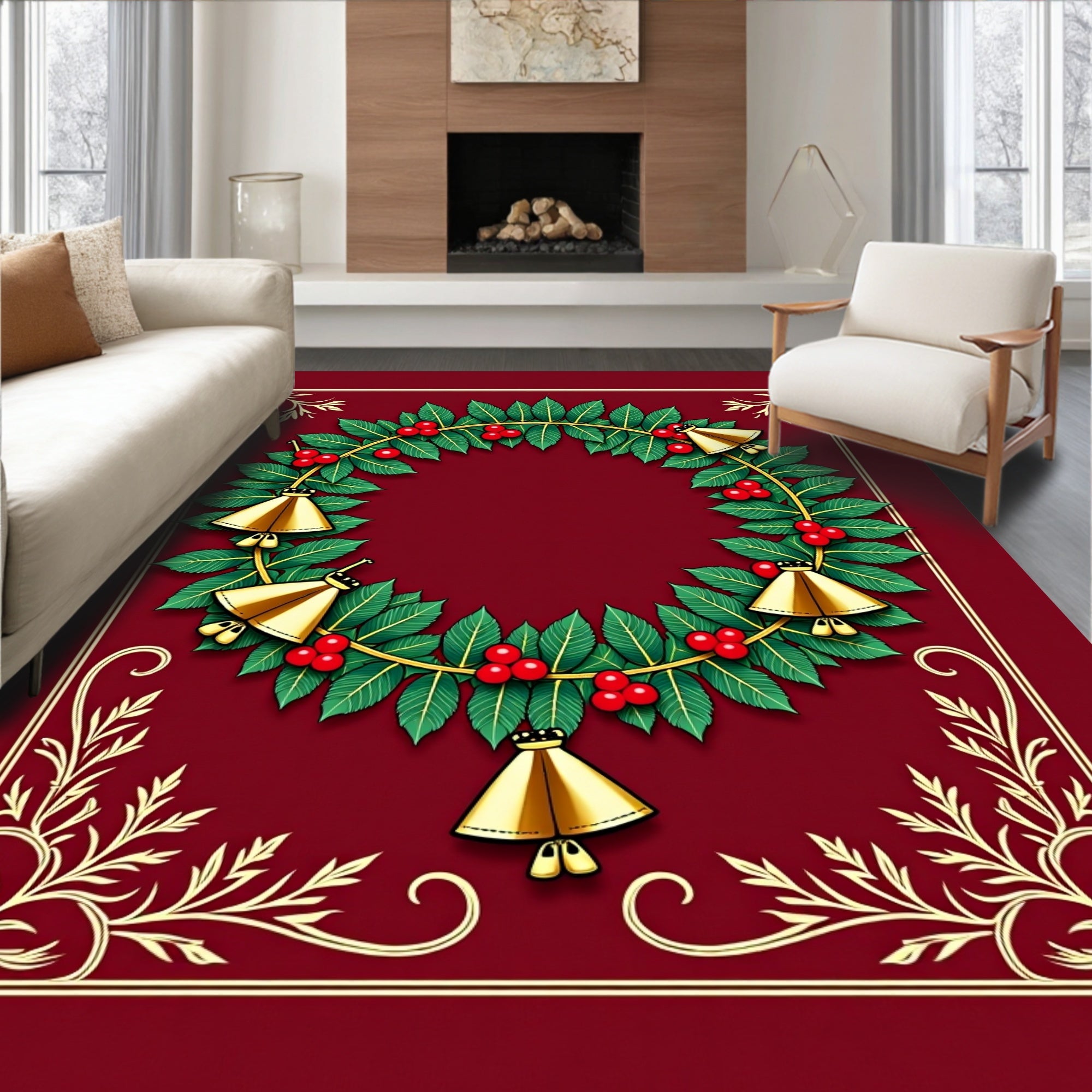 Festive Green Holly Berry Bell Wreath Rug