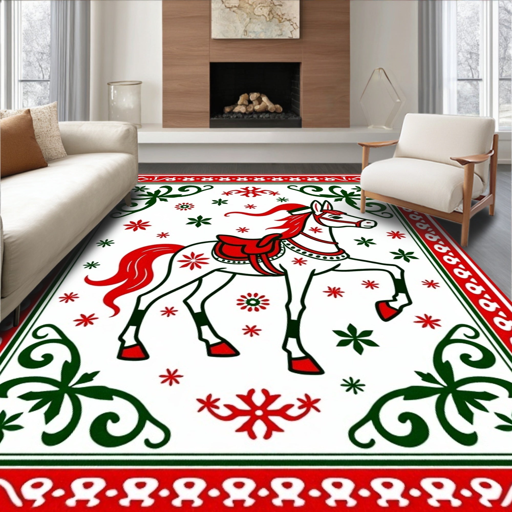 Festive White Horse Red Green Accents Rug