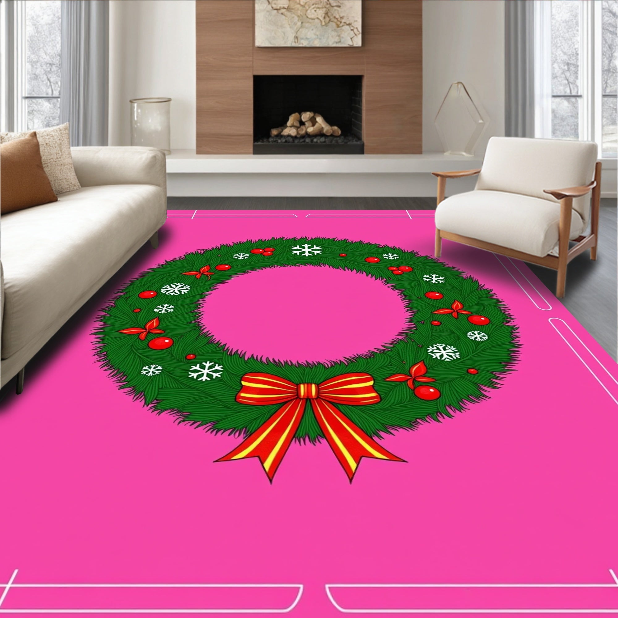 Festive Green Christmas Wreath Red Bow Rug