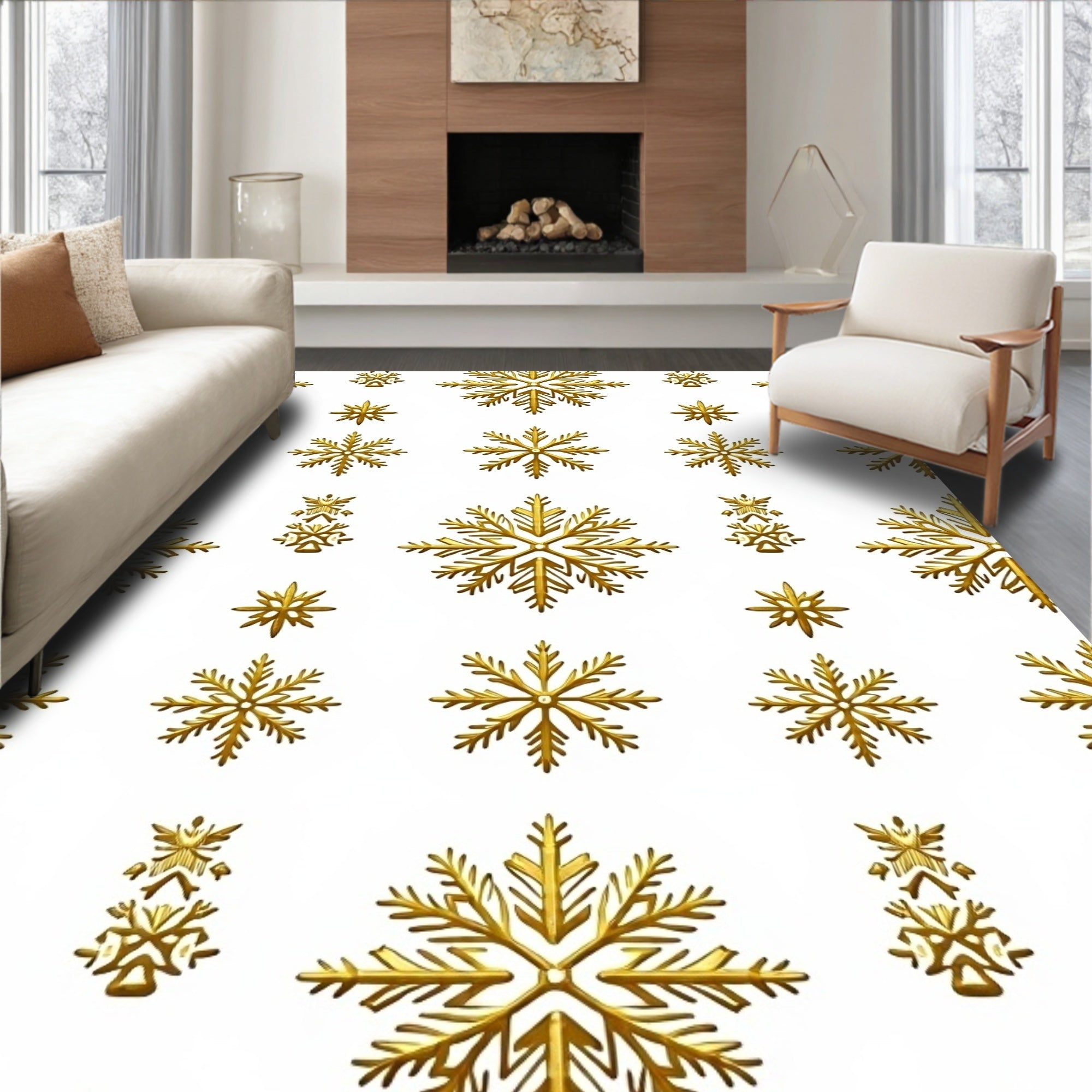 Golden Snowflake Allover Contemporary Rug