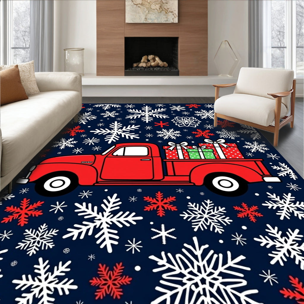 Red Truck Snowflakes Holiday Rug