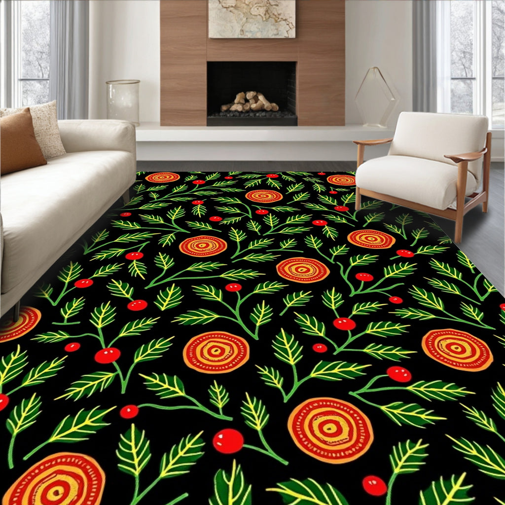 Folk Art Red Berry Green Leaf Rug