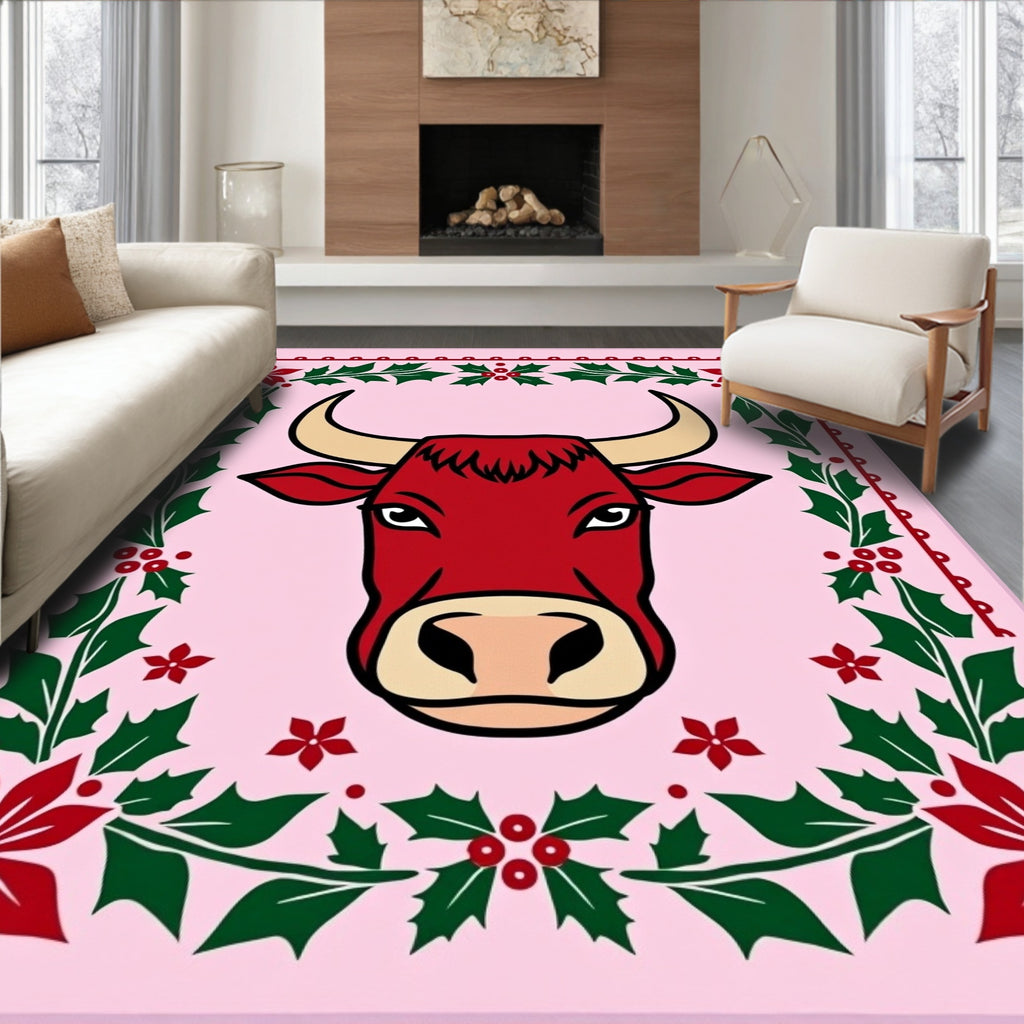 Bold Red Bull Christmas Holly Rug