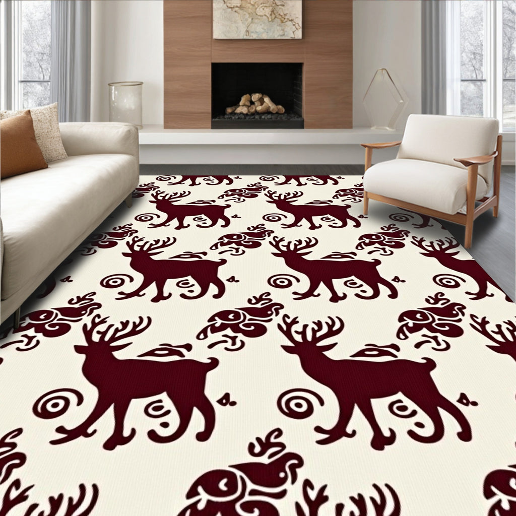 Deep Red Reindeer Folk Art Rug