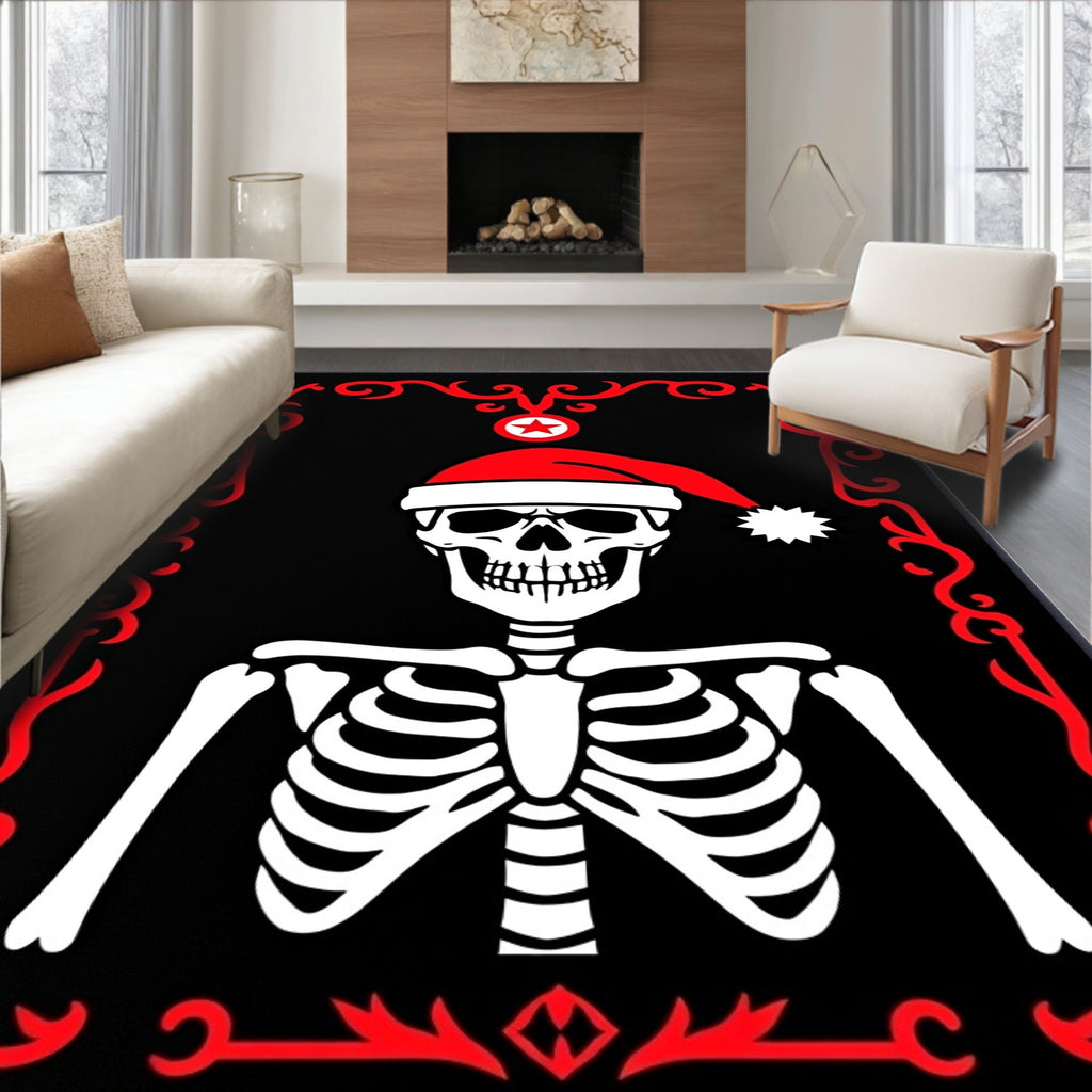 Crimson Frame Skeleton Santa Hat Rug