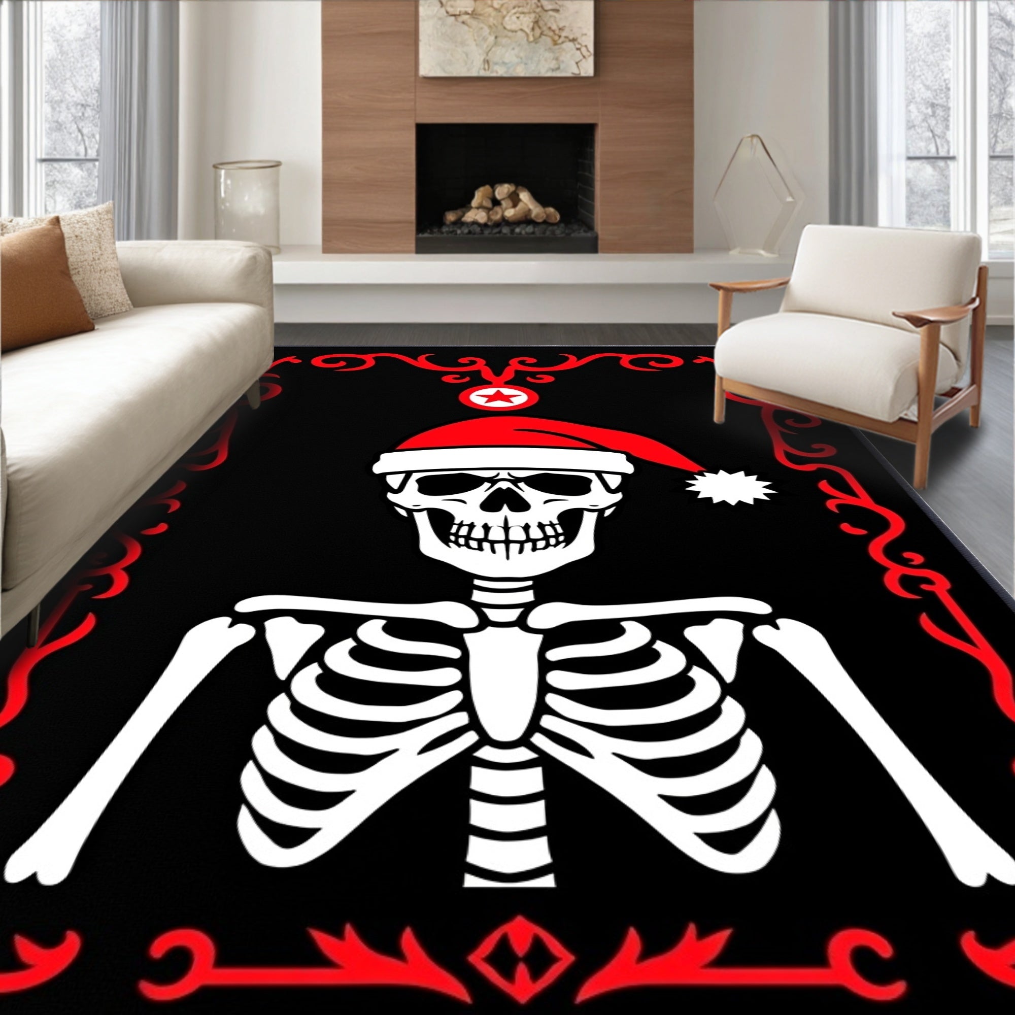 Crimson Frame Skeleton Santa Hat Rug