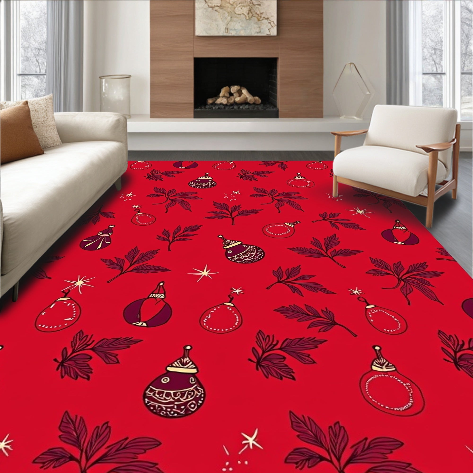 Rich Red Christmas Ornaments Foliage Rug