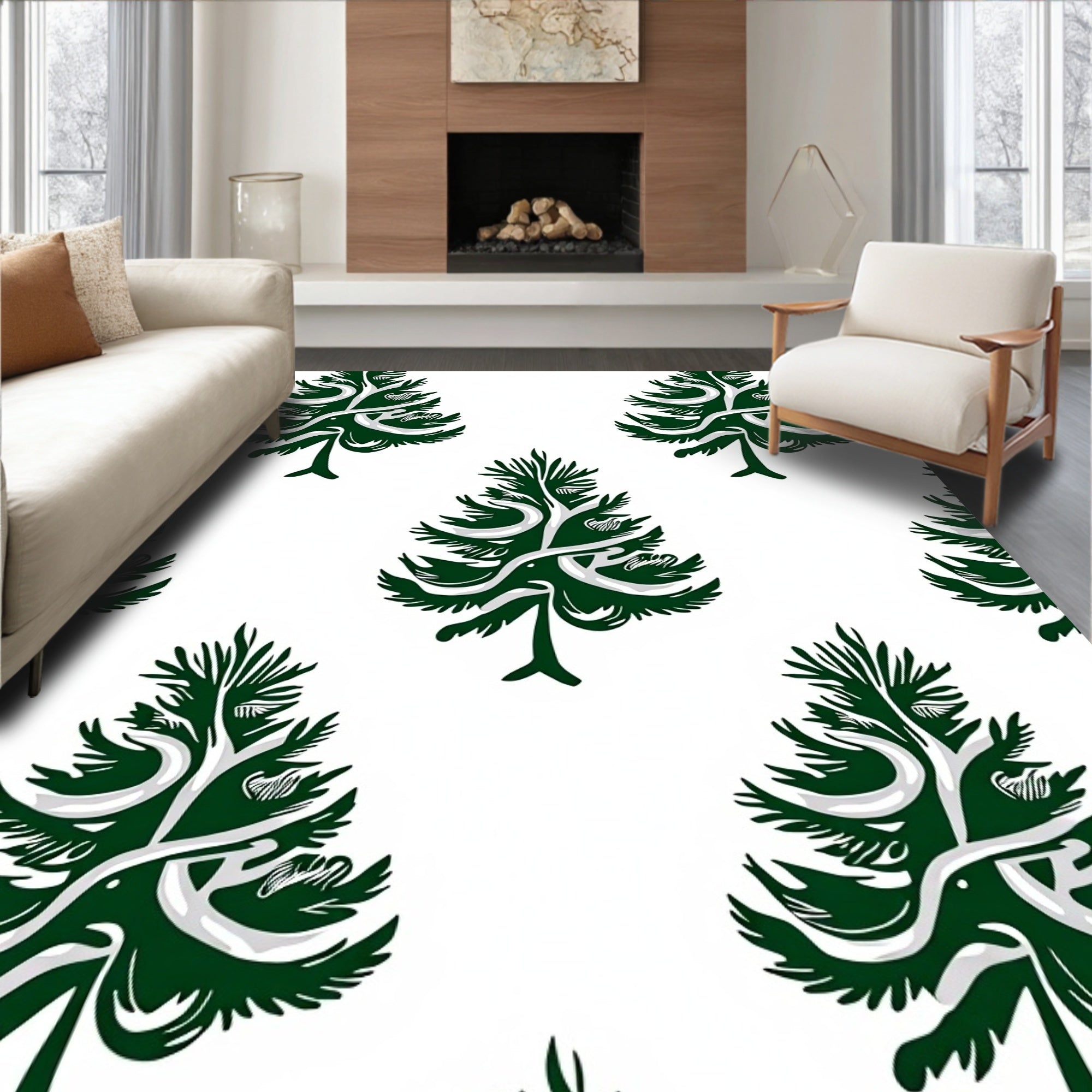 Dark Green Snowy Evergreen Tree Rug