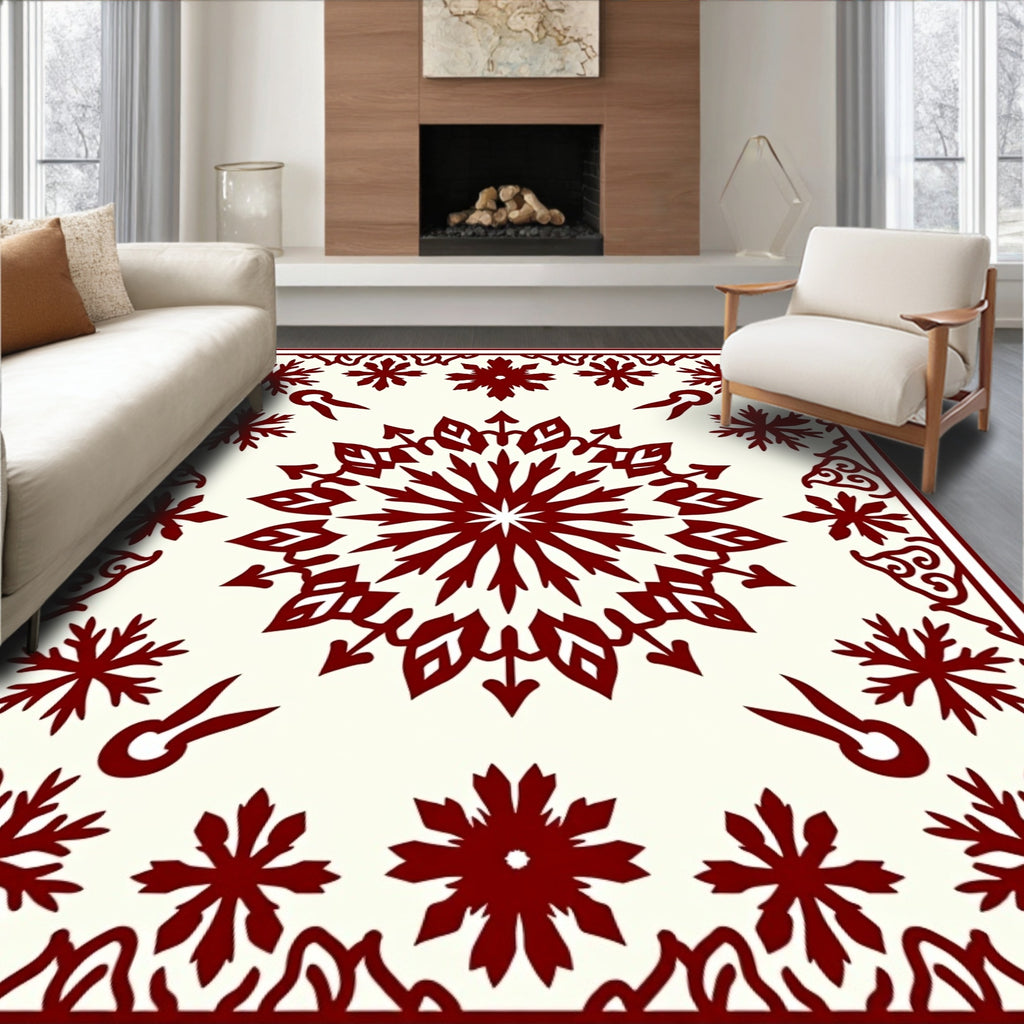 Deep Red Snowflake Medallion Frame Rug