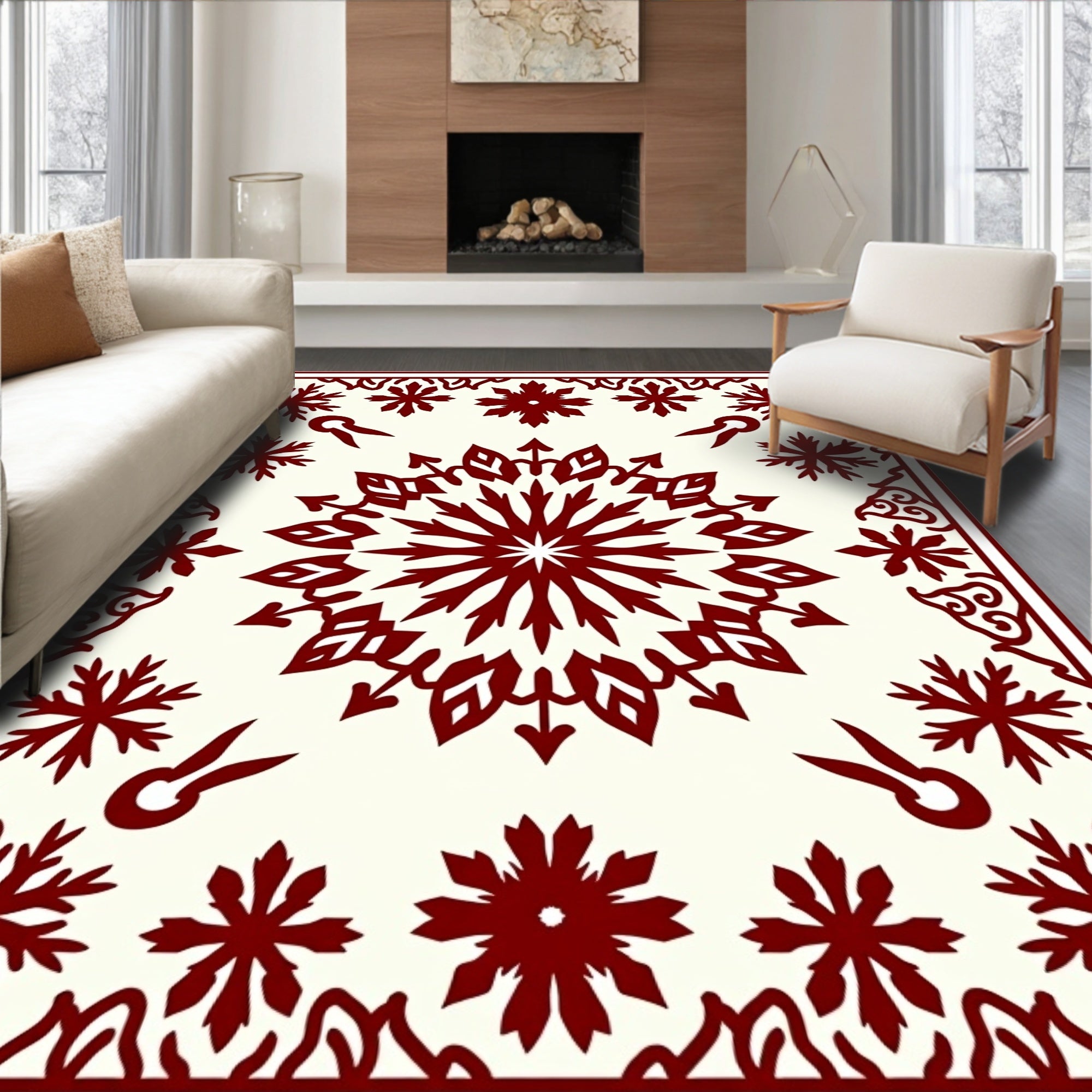 Deep Red Snowflake Medallion Frame Rug