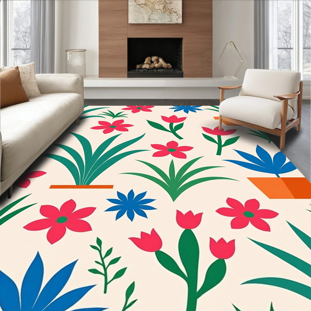 Mid Century Blooming Potted Plants Rug