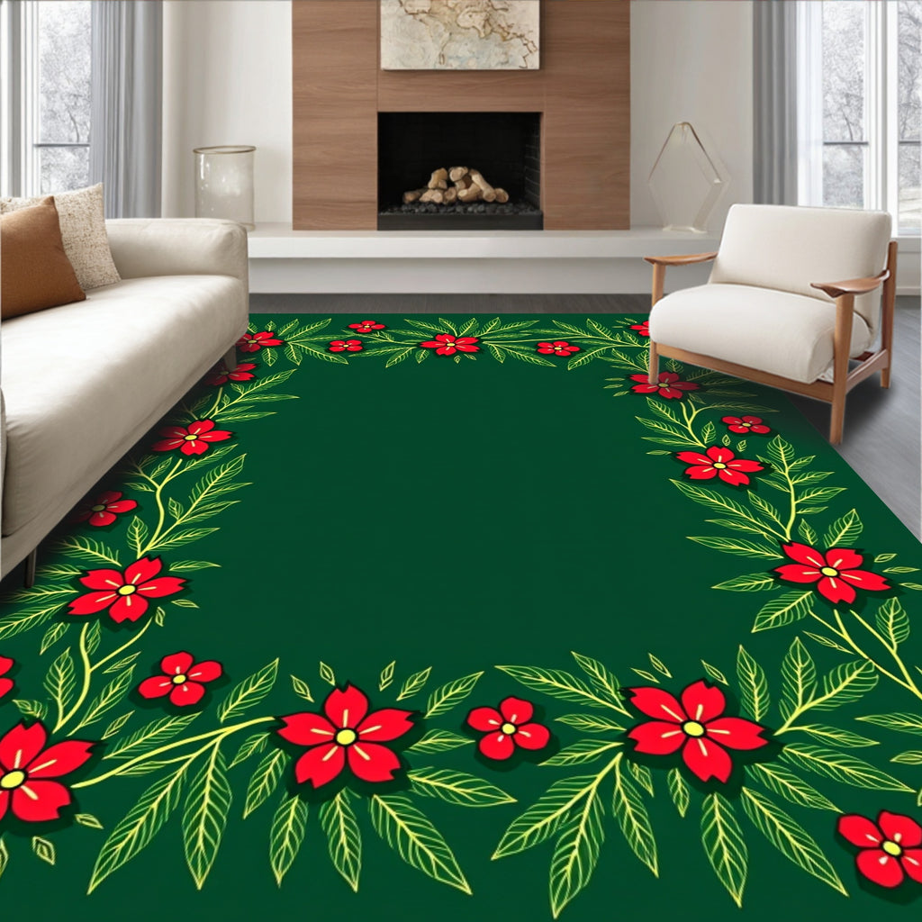Vibrant Red Floral Vines Border Rug
