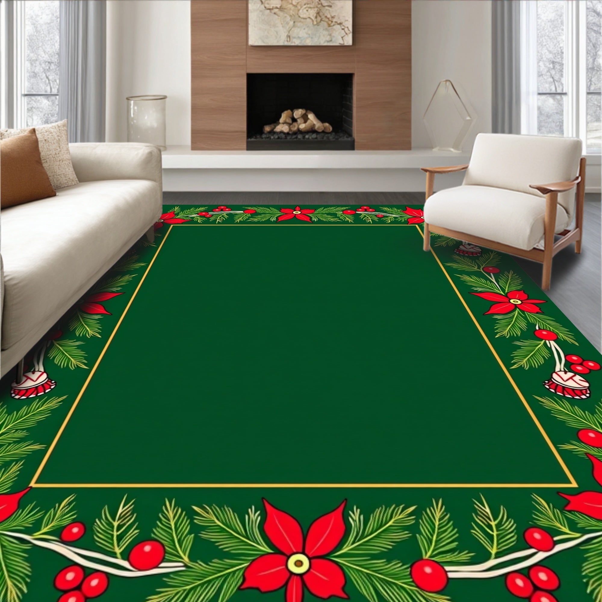 Festive Red Poinsettia Pine Border Rug
