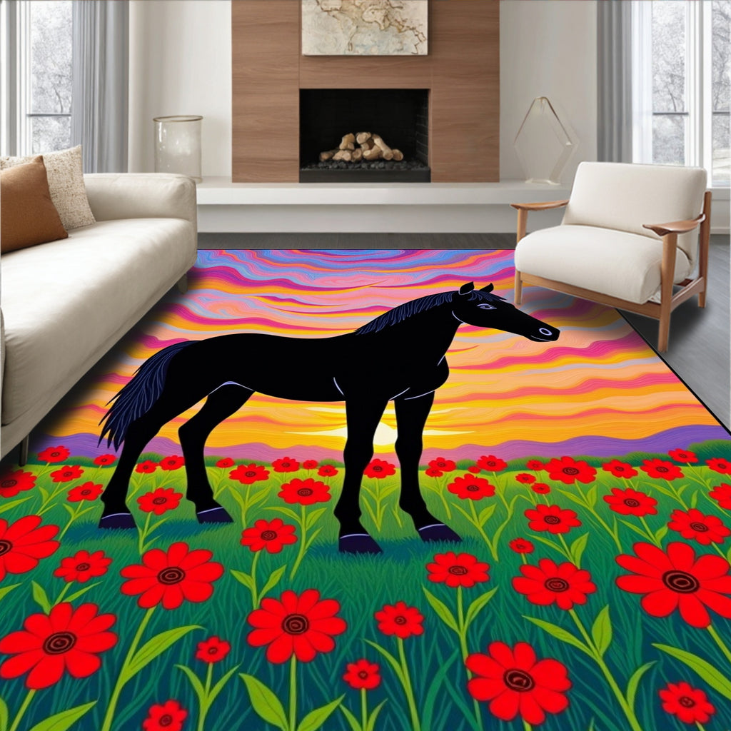 Vibrant Black Horse Poppy Field Sunset Rug