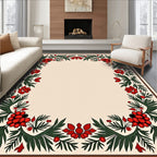 Red Berry Green Leaf Floral Border Rug