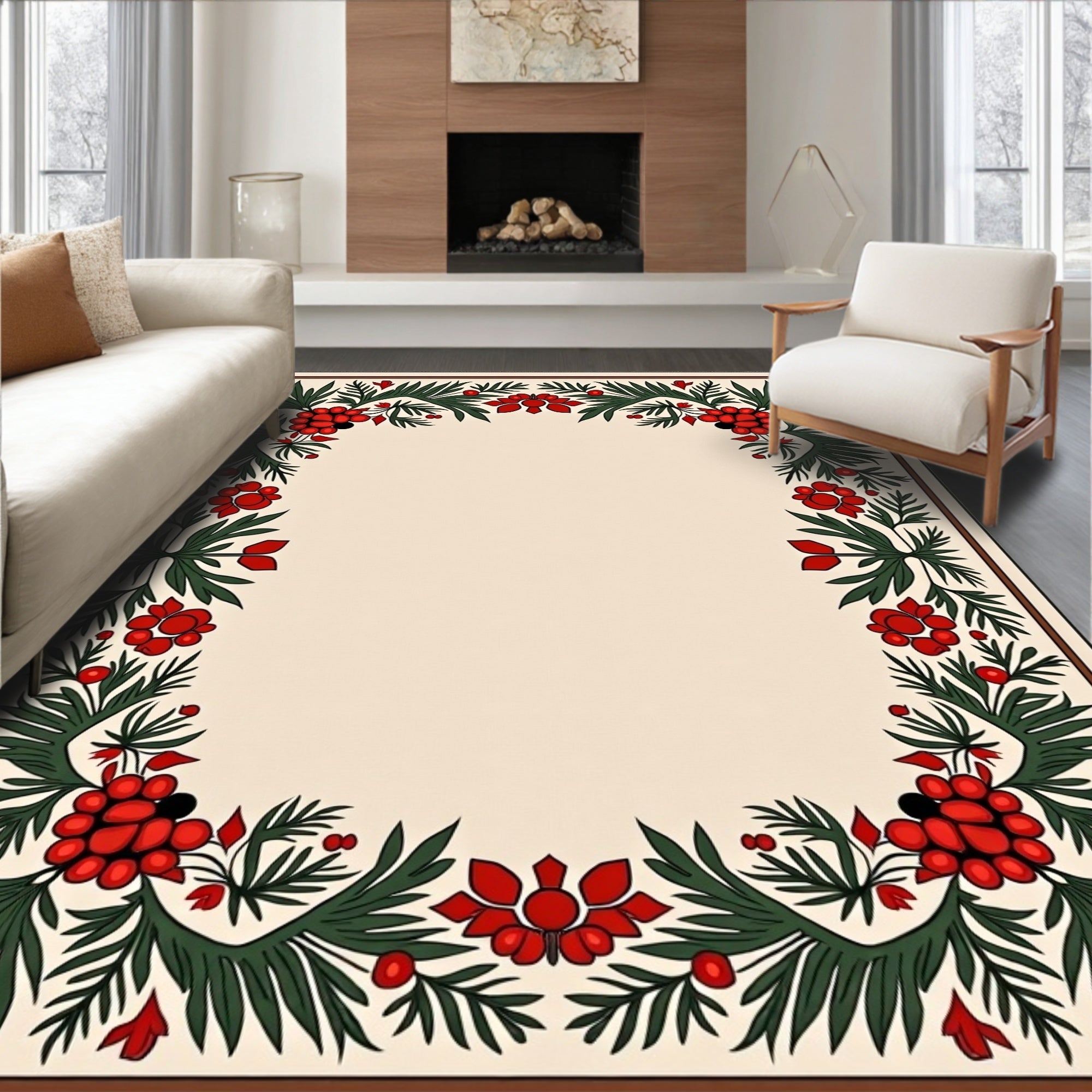 Red Berry Green Leaf Floral Border Rug