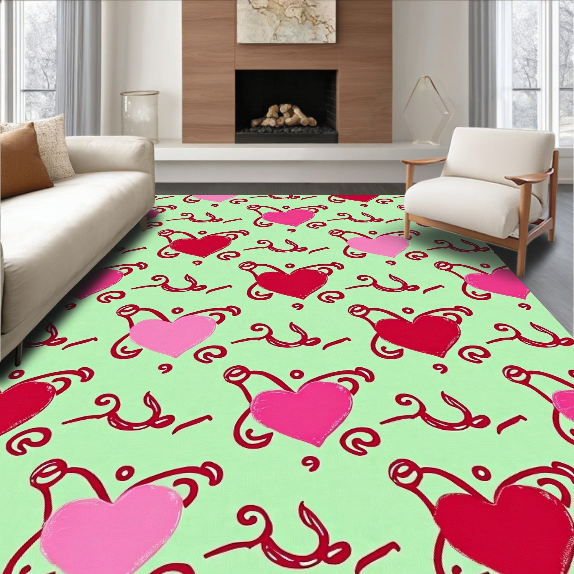 Pink Red Heart Swirls Mint Rug