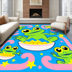 Green Frogs Playful Blue Background Stars Rug