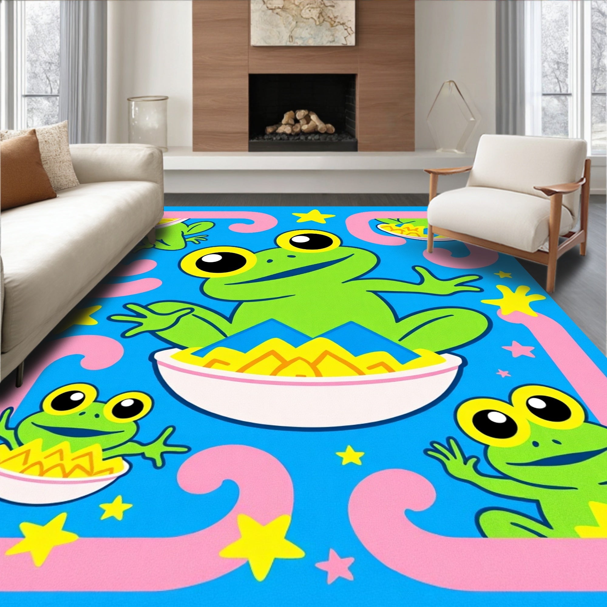 Green Frogs Playful Blue Background Stars Rug