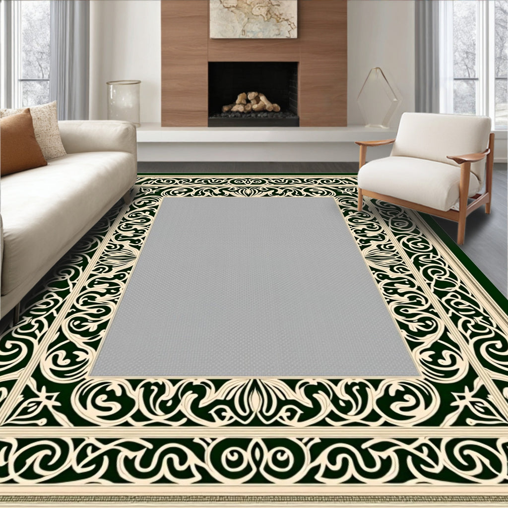 Dark Green Cream Scrollwork Frame Rug