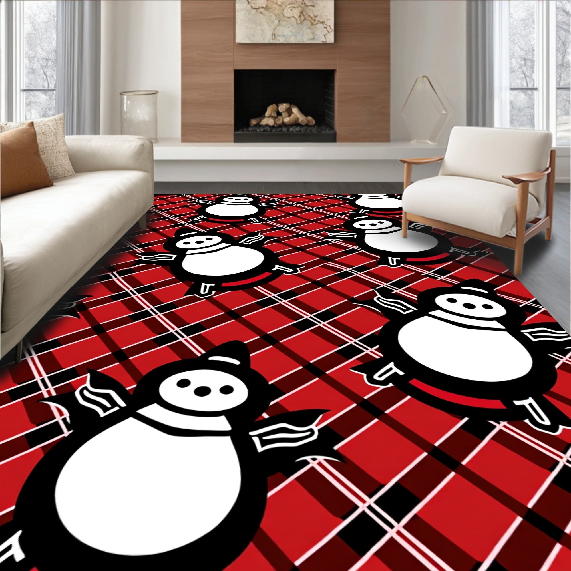 Red White Black Plaid Snowman Rug