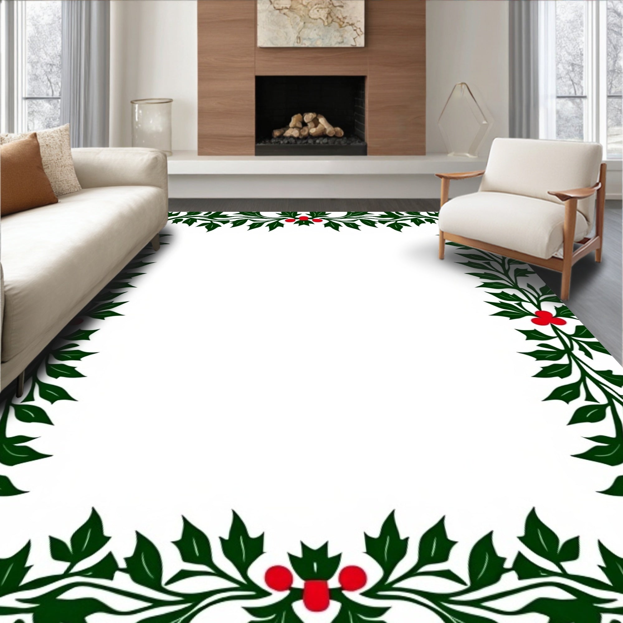 Vibrant Red Holly Christmas Border Rug