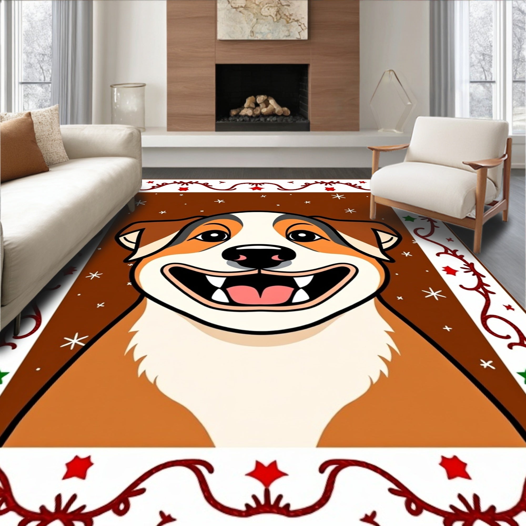 Festive Dog Christmas Holly Border Rug