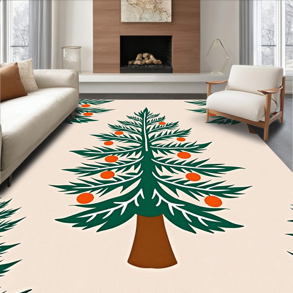 Evergreen Tree with Orange Ornaments Rug