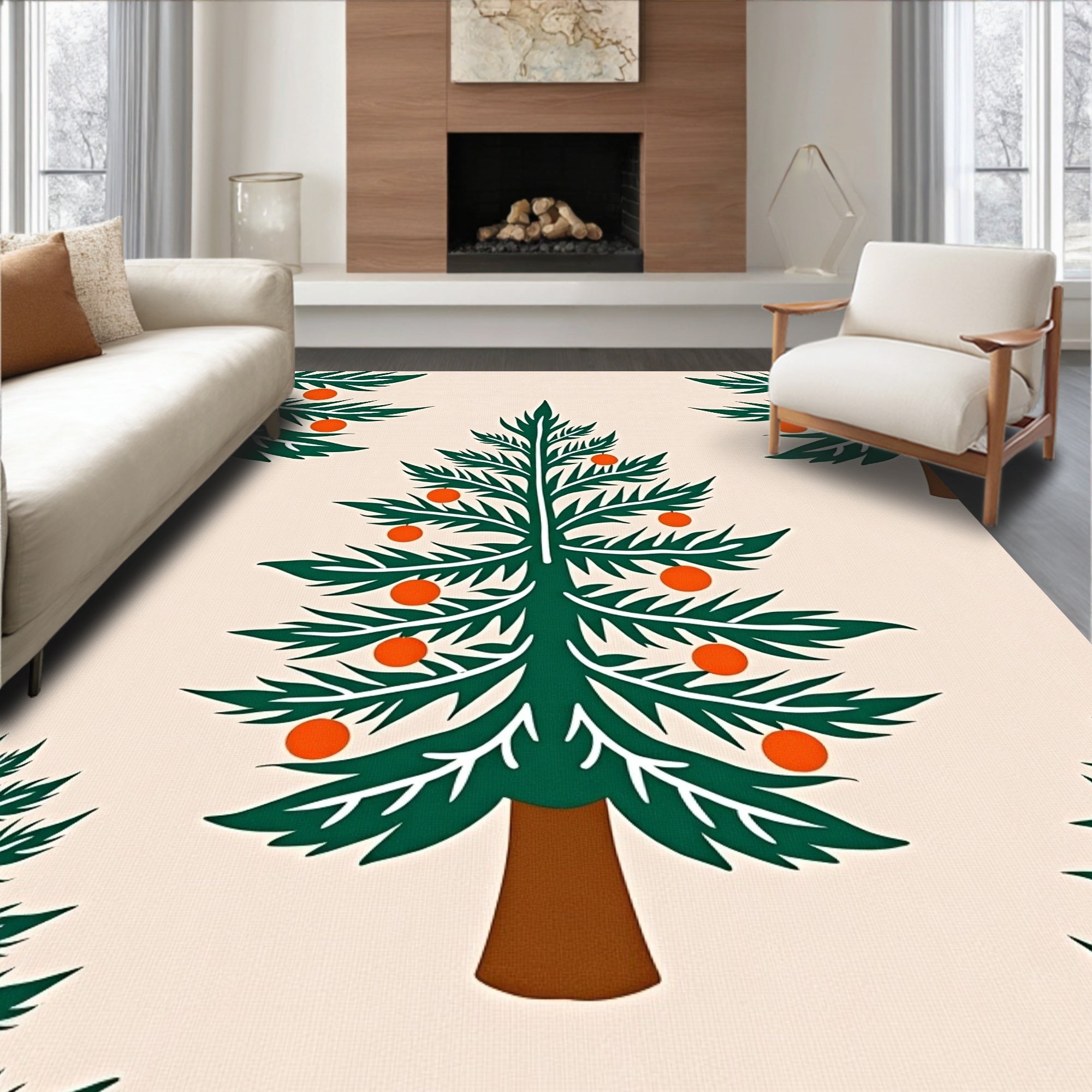 Evergreen Tree with Orange Ornaments Rug