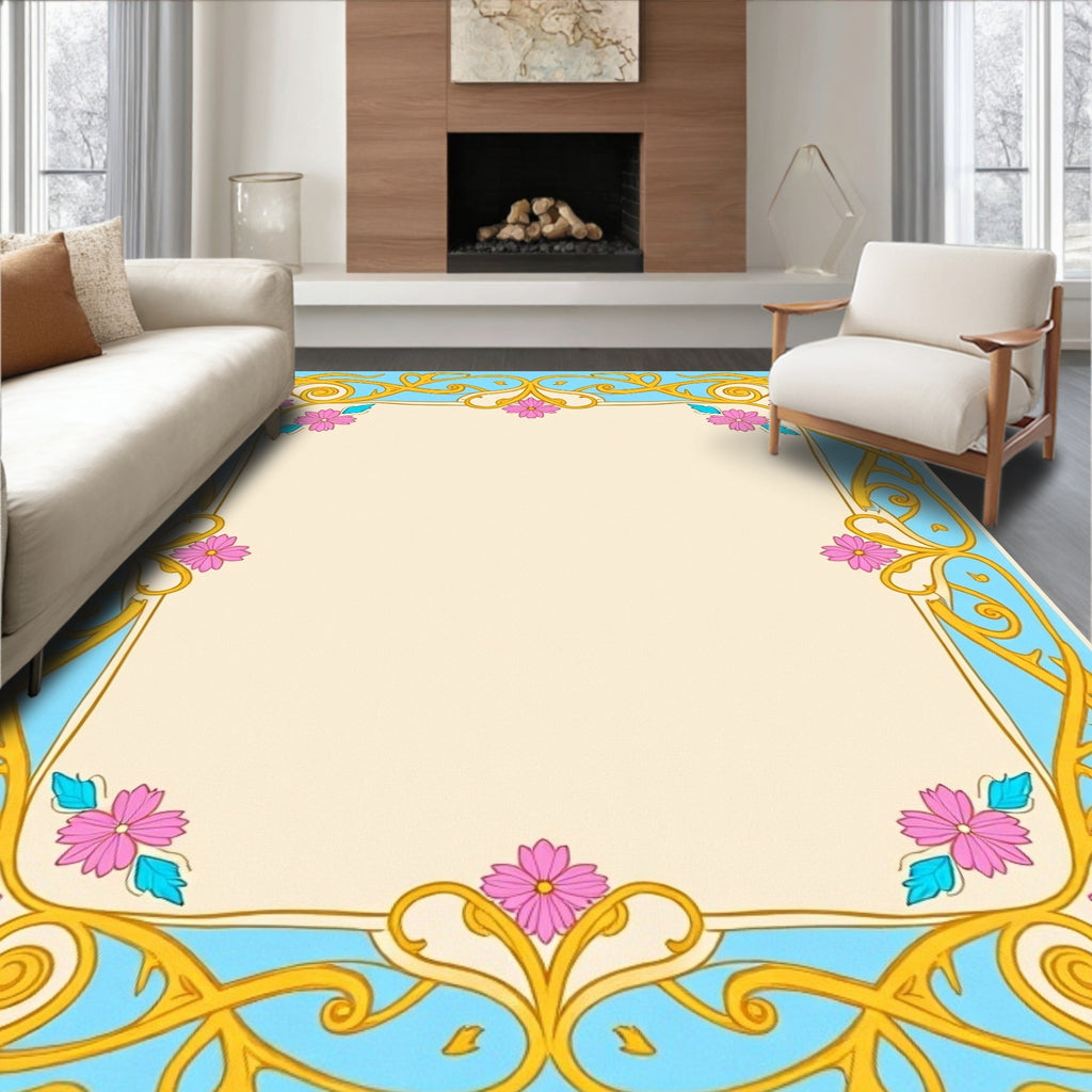 Art Nouveau Gold Floral Blue Frame Rug