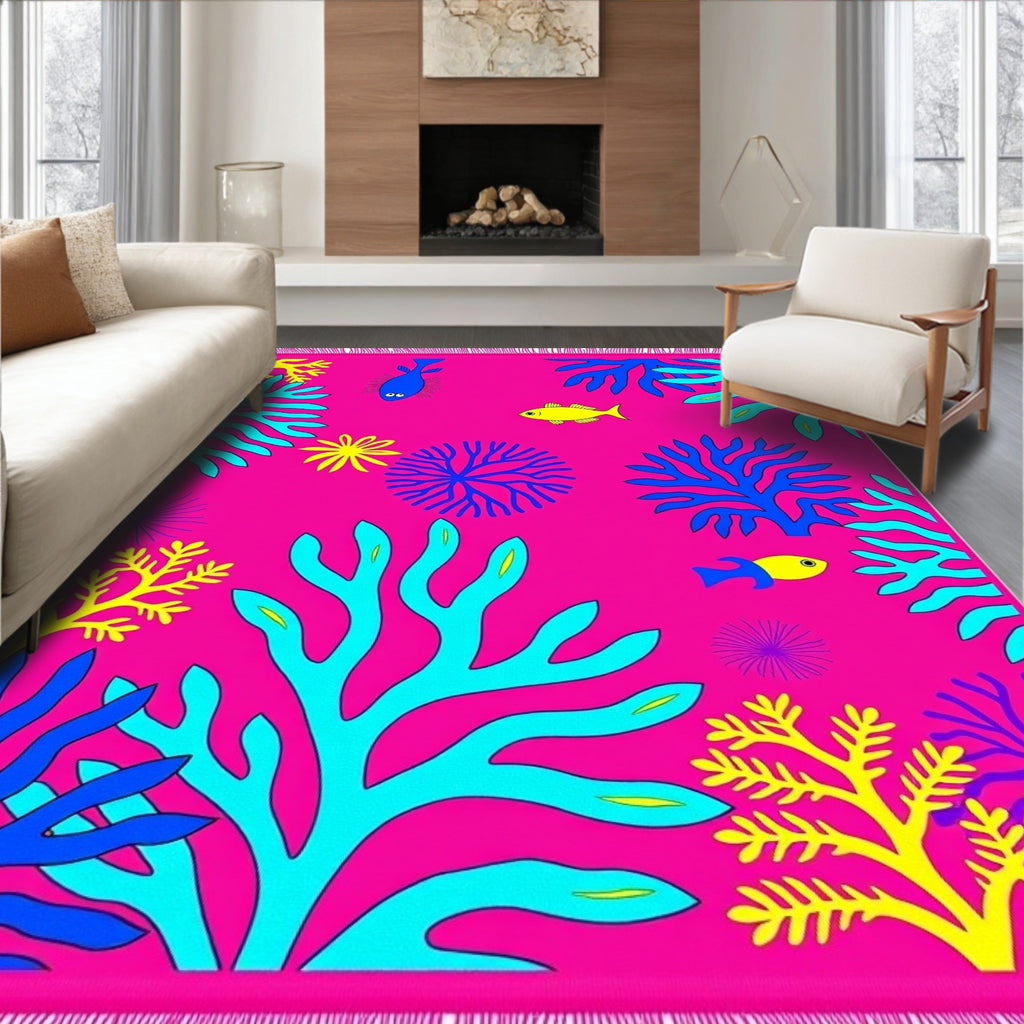 Vivid Pink Coral Fish Scene Rug