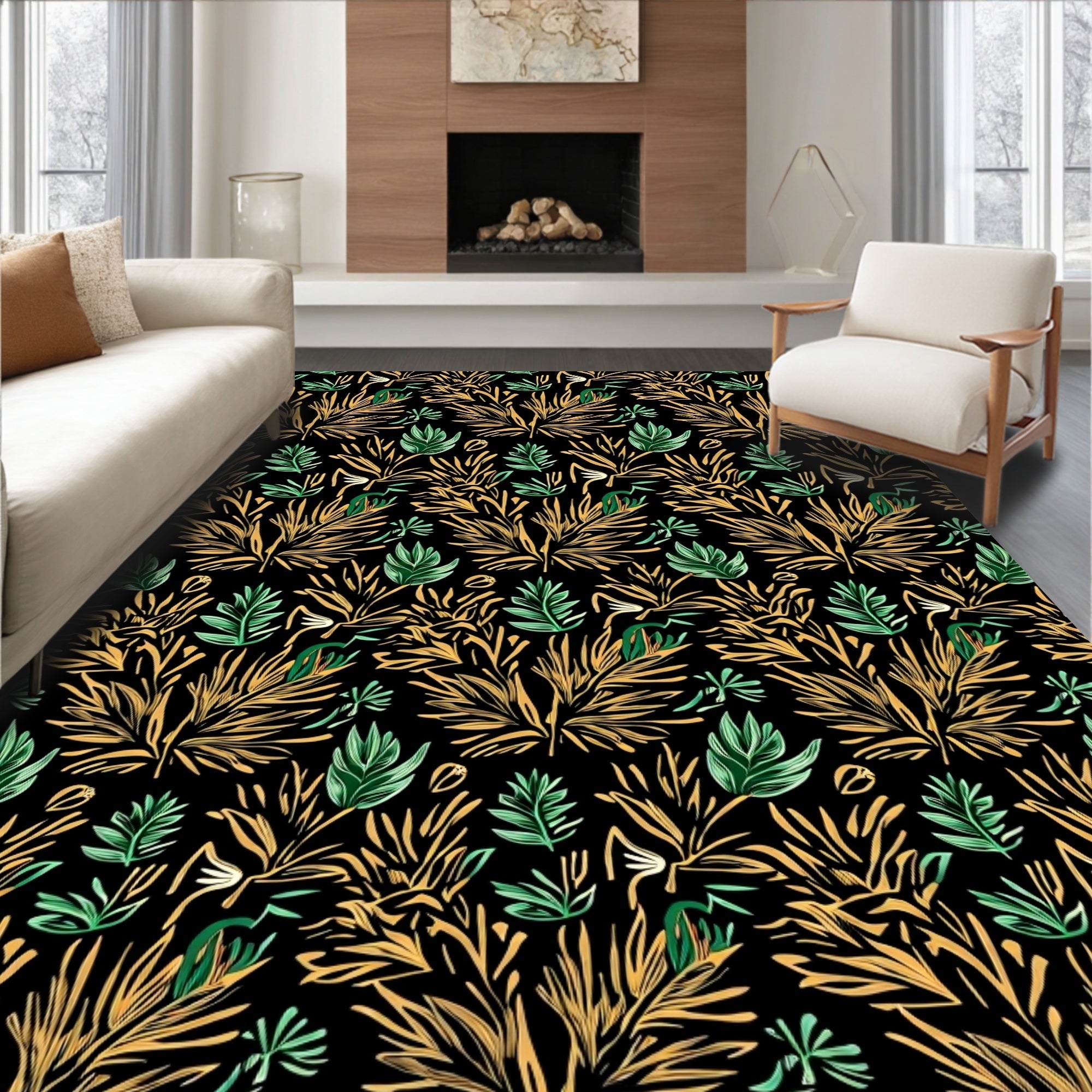 Golden Palm Fronds Green Foliage Rug