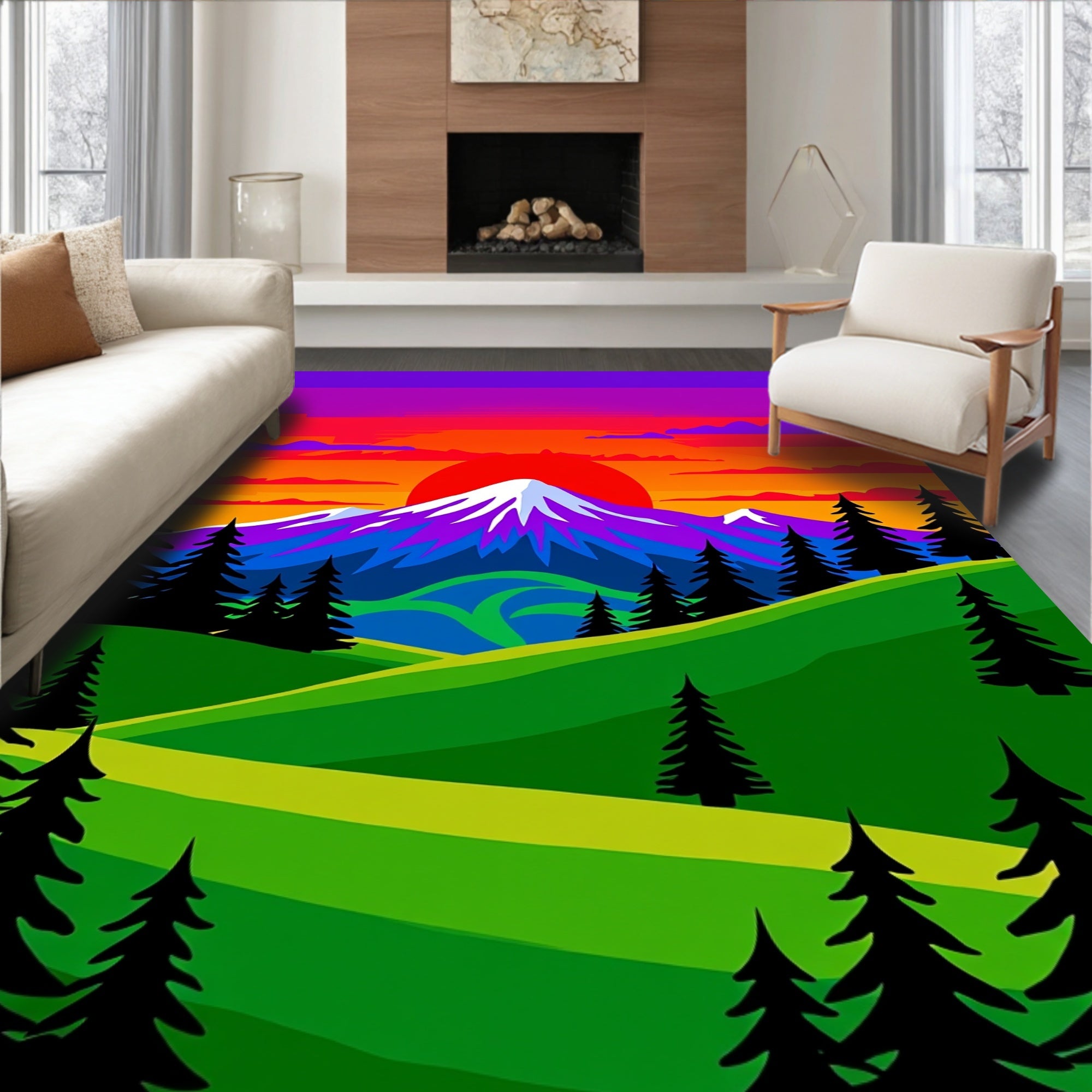 Vibrant Purple Sunset Mountain Landscape Rug
