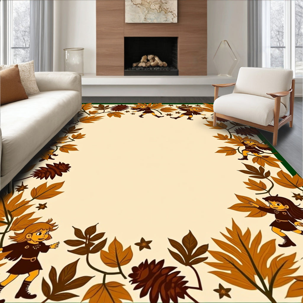 Autumn Children Leaf Pinecone Border Rug