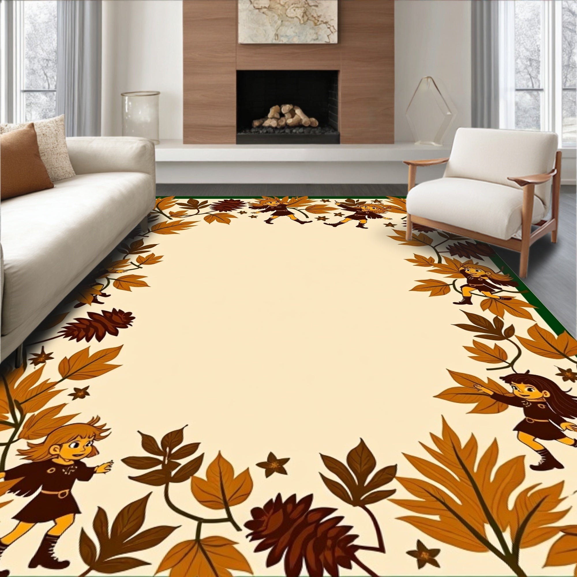 Autumn Children Leaf Pinecone Border Rug
