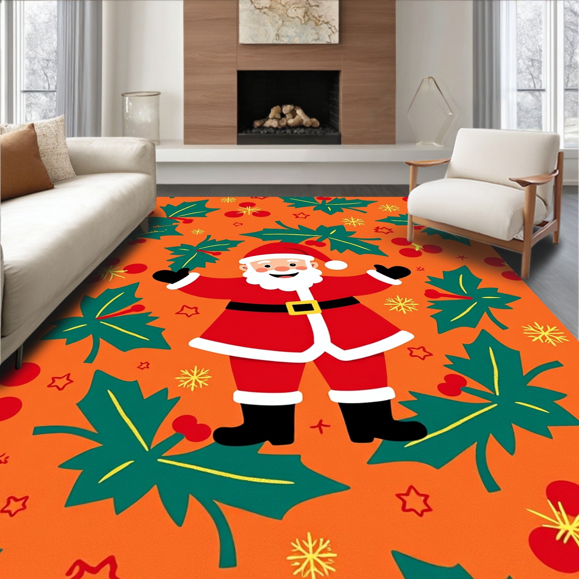 Cheerful Santa Christmas Holly Sprigs Rug
